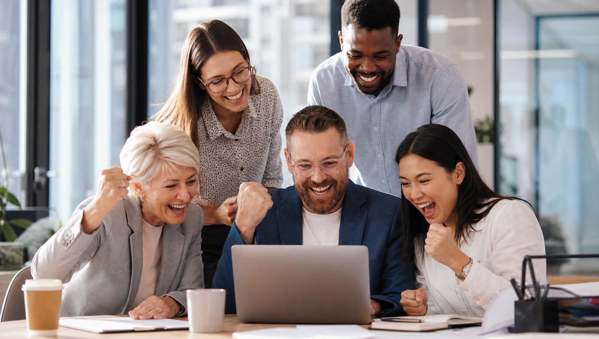 Diverse office team celebrating rewards success together